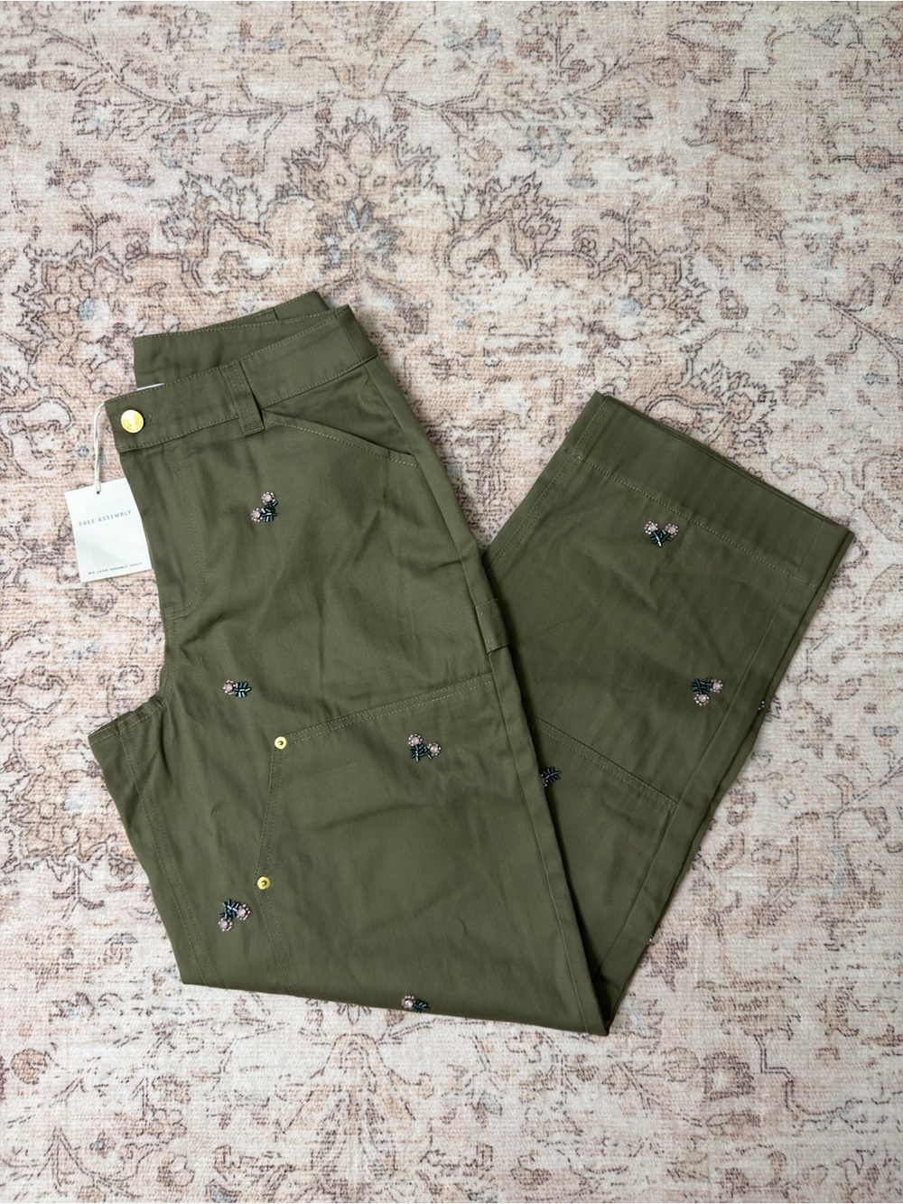 Embroidered Utility Trousers in Olive - Women